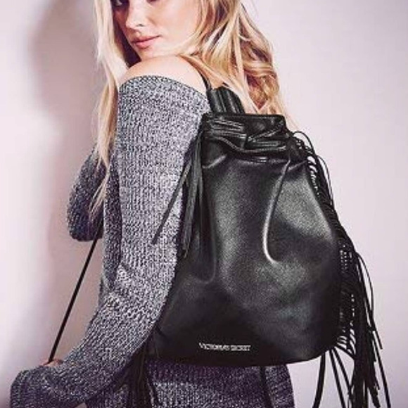 Y2k Victoria’s Secret Black Faux Leather Drawstring Tassel Backpack - Picture 1 of 12